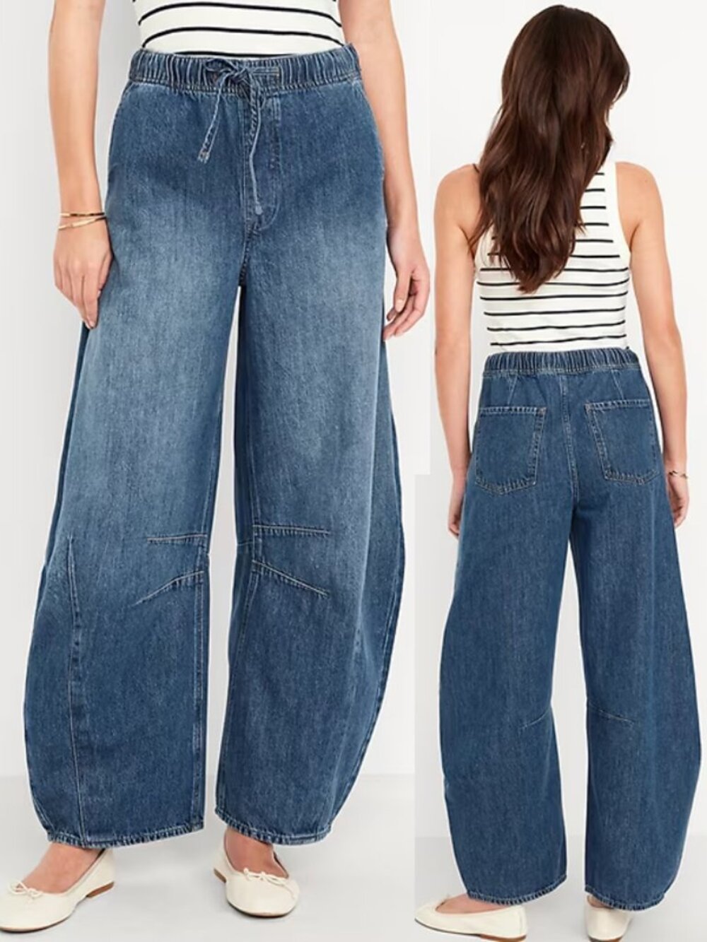 Old Navy High-Waisted Pull-On Barrel Jeans Size L Petite Denim Mid Blue Baggy